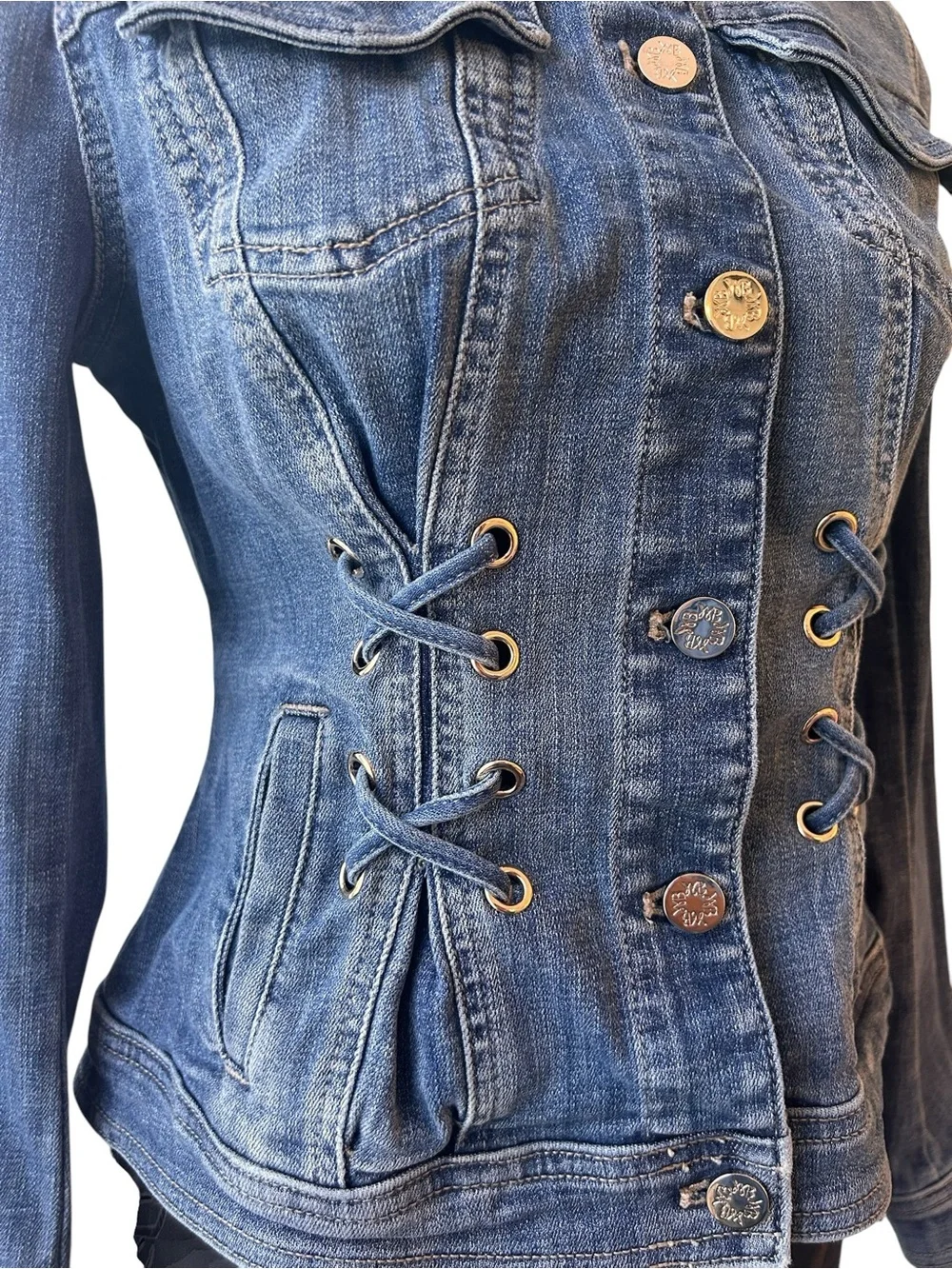 WHBM Women’s Denim Corset Pleated Poetcore Jacket with Lace-Up Waist - XS - Picture 2 of 16